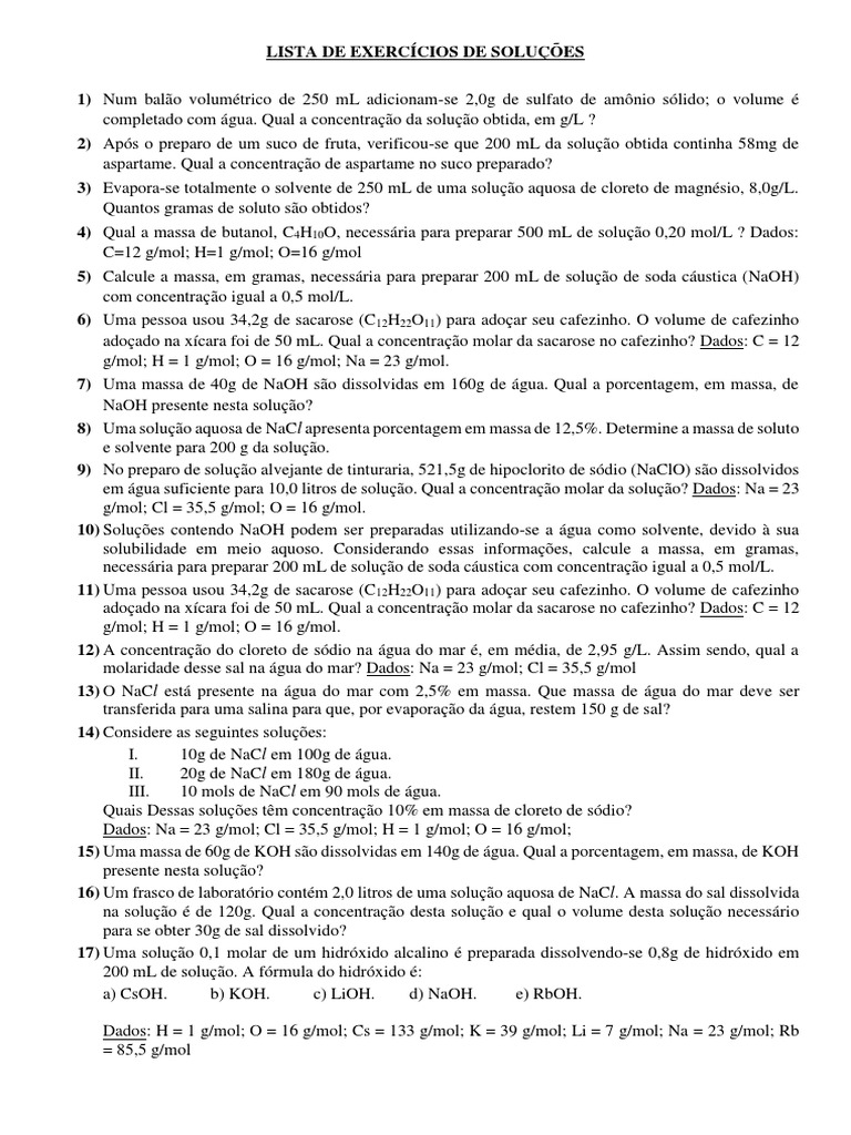 Exercícios sobre Concentração de Soluções | PDF | Solução | Concentração