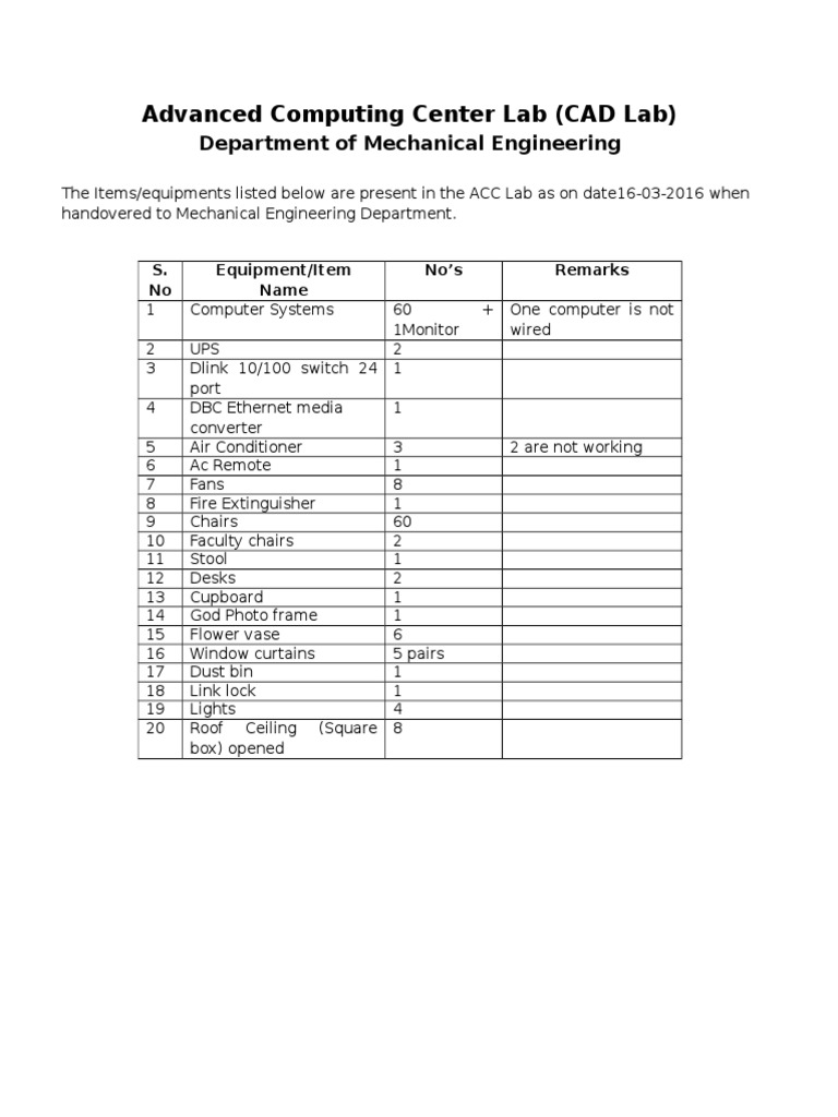 CAD Lab Equipment Inventory | PDF | Computers | Technology & Engineering