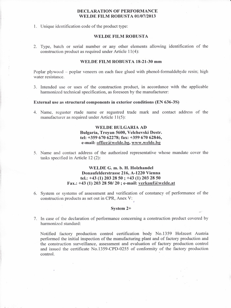 Welde Film Robusta Performance Declaration | PDF | Plywood | Manmade ...
