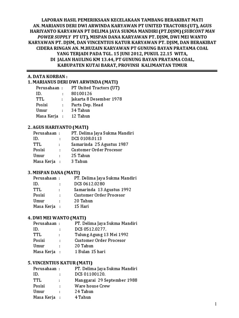 Laporan Kecelakaan Tambang Contoh