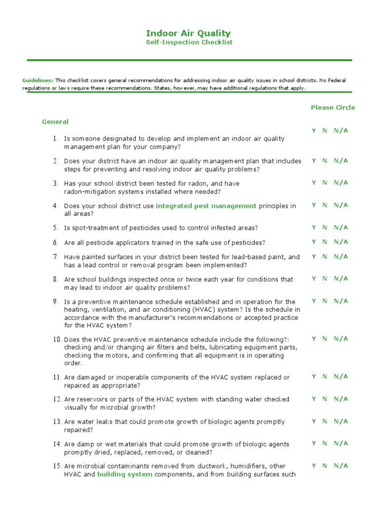 Indoor Air Quality Self-Inspection Checklist | PDF | Hvac | Ventilation ...