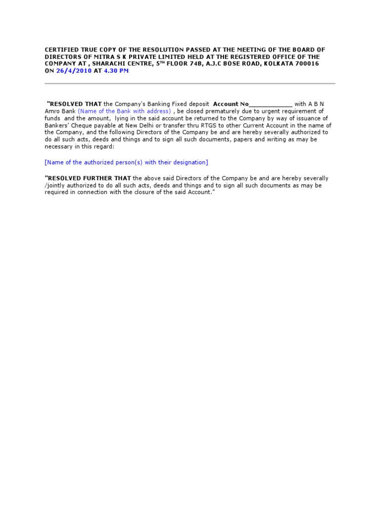 Board Resolution for FD Closure | PDF