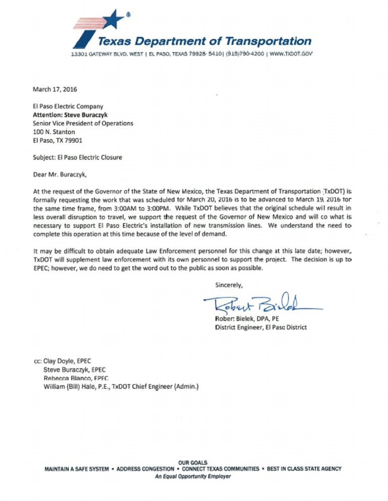 TxDOT Letter To El Paso Electric | PDF