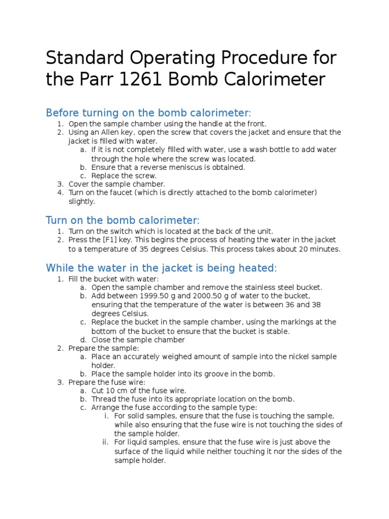 Standard Operating Procedure For The Parr 1261 Bomb Calorimeter PDF