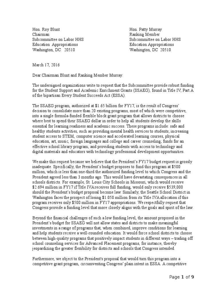 Title IV Group Sign On Letter Senate School Counselor 