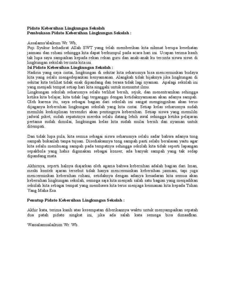 Pidato Kebersihan Lingkungan Sekolah