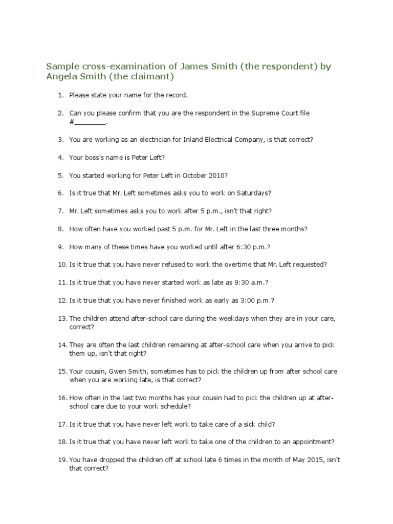 Sample cross examination question witness cross examination