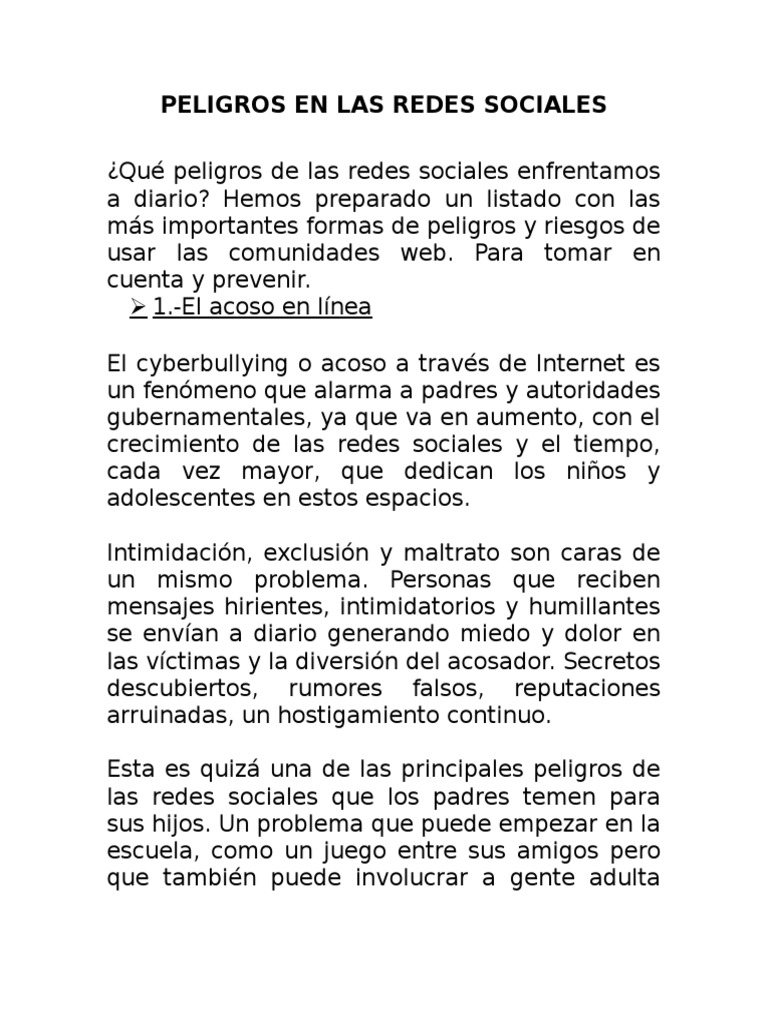 Peligros en Las Redes Sociales | PDF | Acoso cibernético | Servicio de ...