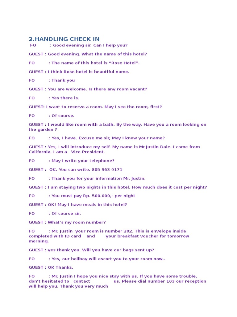 Hotel Check-In Conversation Example | PDF