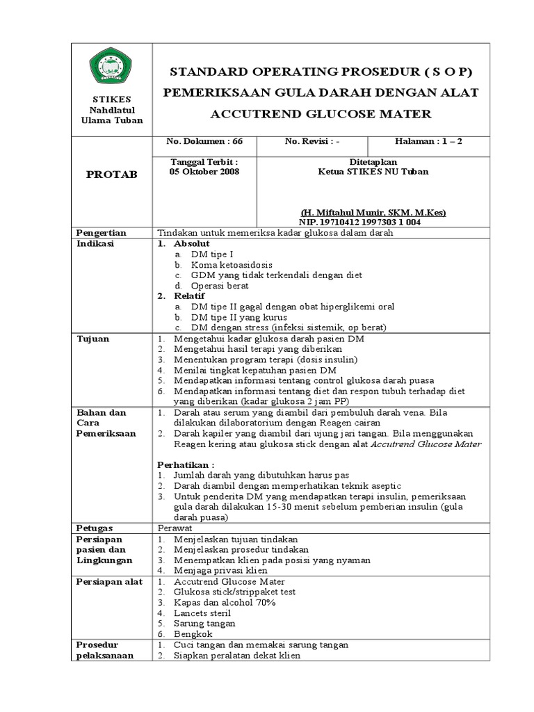 Sop Pemeriksaan Gula Darah Dengan Alat Accutrend Glucose Mater