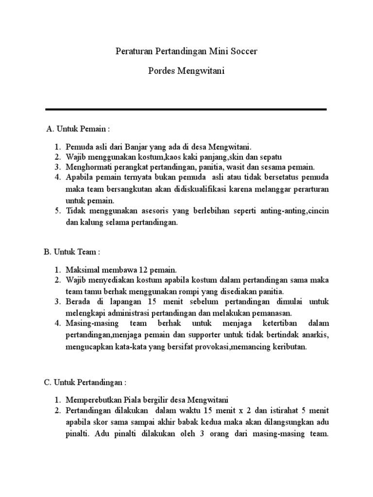 Peraturan Mini Soccer Homecare24