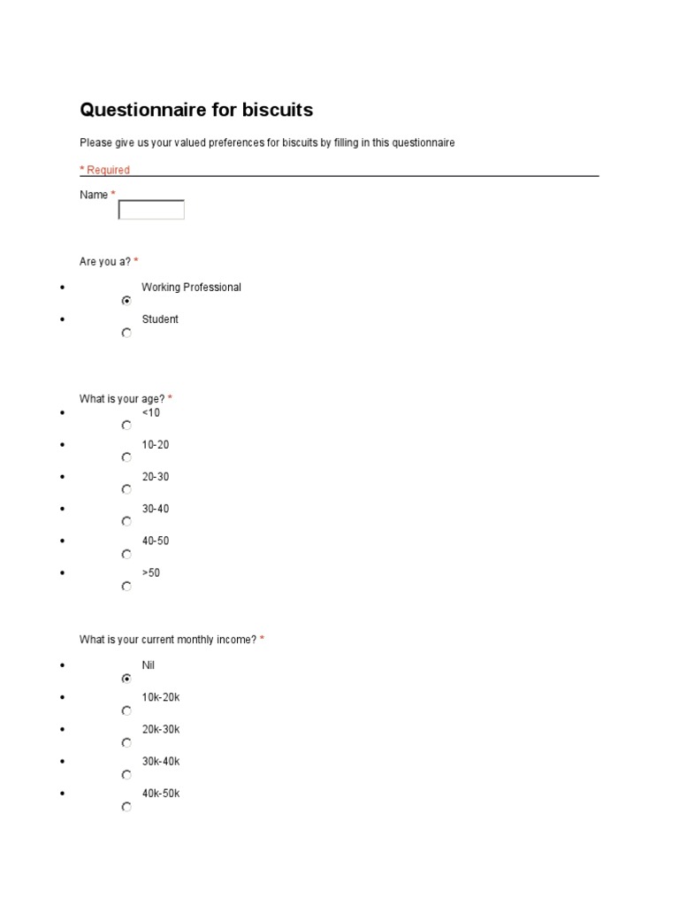 Biscuit Preference Questionnaire | PDF | Cooking, Food & Wine