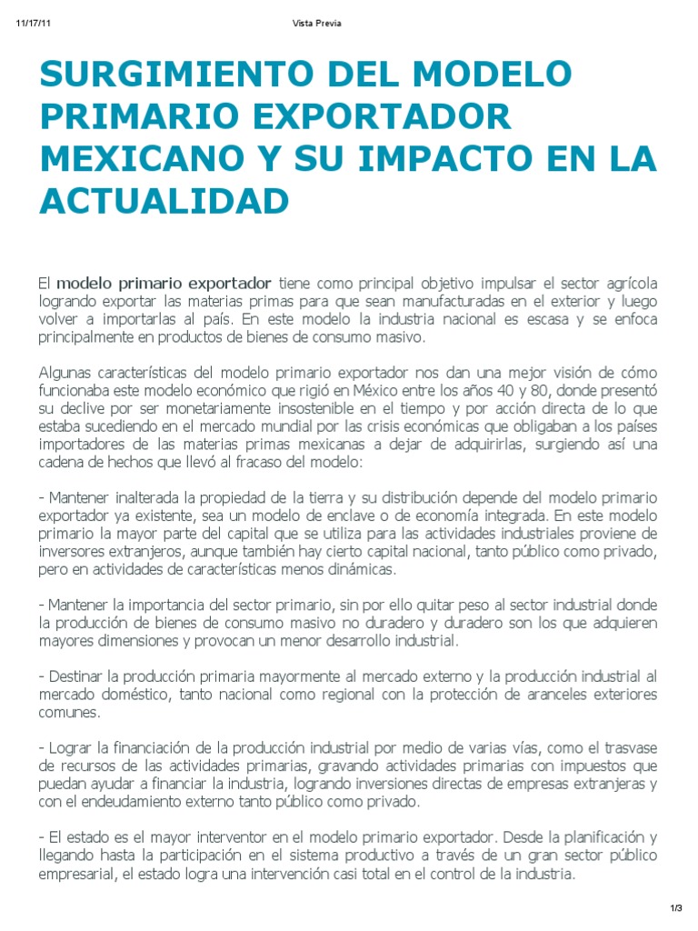 Surgimiento Del Modelo Primario Exportador Mexicano y Su Impacto en La  Actualidad | PDF | Exportaciones | Industrias