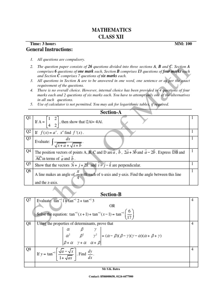 4019XII Math - CBSE Sample Paper | PDF | Trigonometric Functions ...