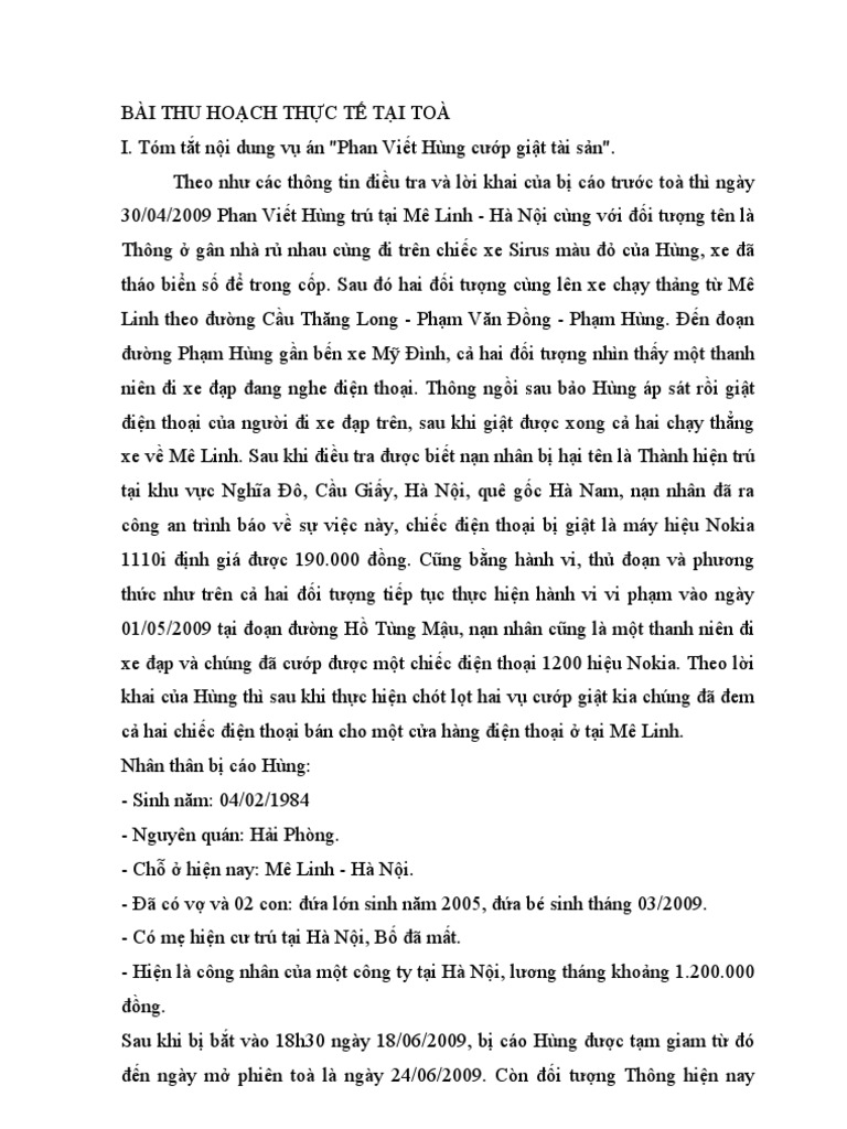 BÀI THU HOẠCH THỰC TẾ TẠI TOÀ | PDF