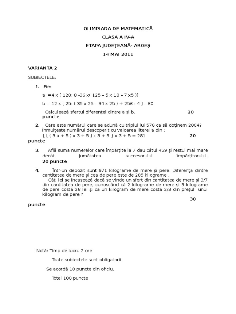 2011 Matematica Etapa Judeteana Subiecte Clasa A Iv A Matematica 2011 Arges Subiecte