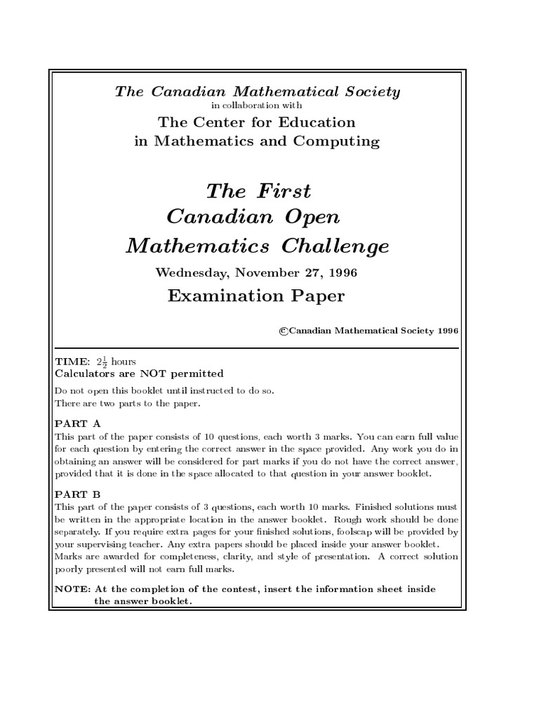 The First Canadian Open Mathematics Challenge: Examination Paper | PDF ...