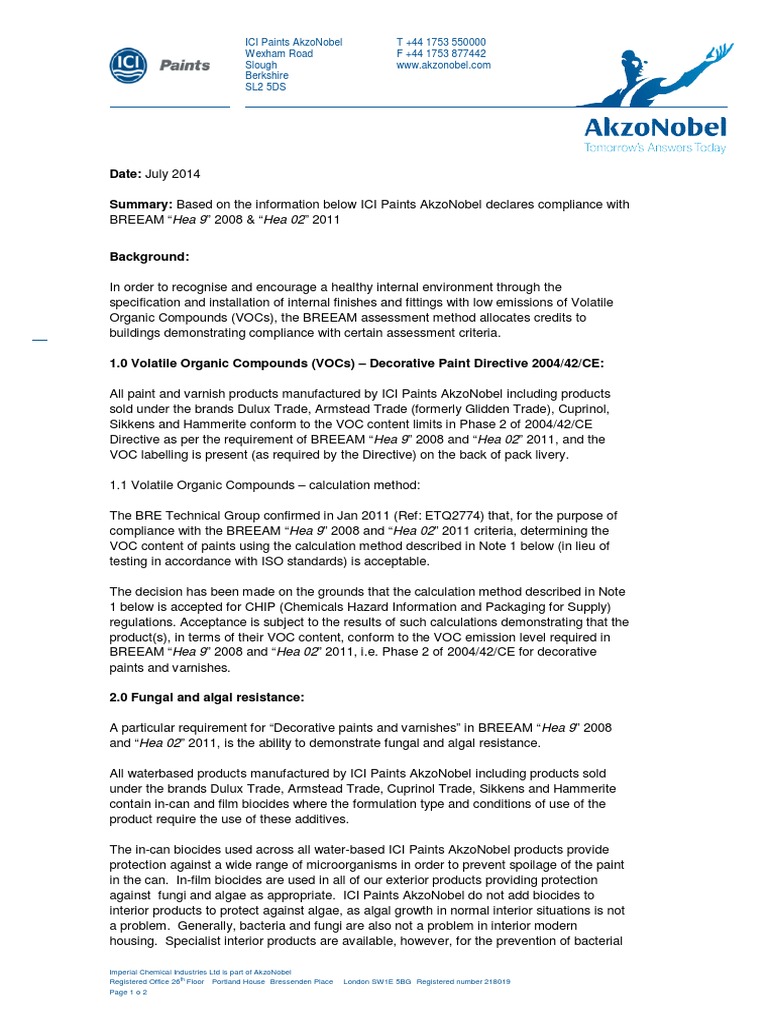 Dulux BREEAM VOC Information PDF Volatile Organic Compound Paint