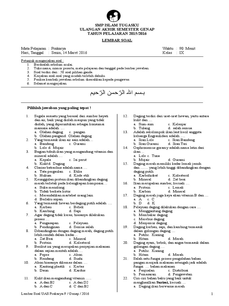 Soal Pas Prakarya Kelas 9 Semester 1 K13 Revisi 2018