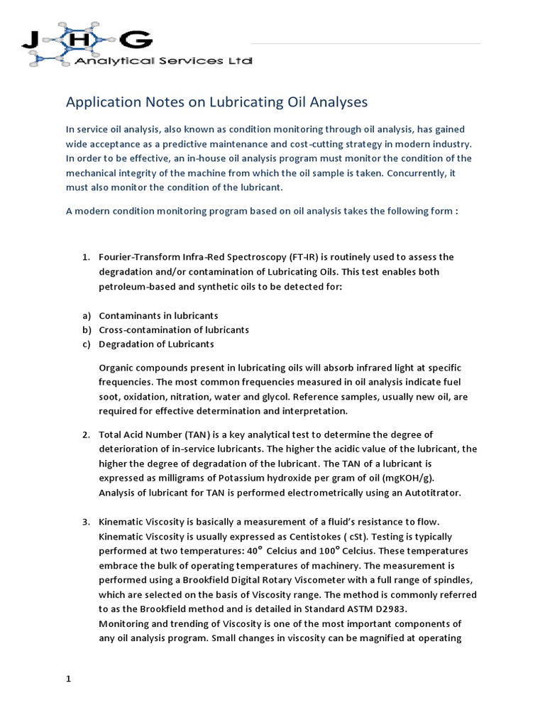 Application Notes On Lubricating Oil Analyses PDF Lubricant Motor Oil