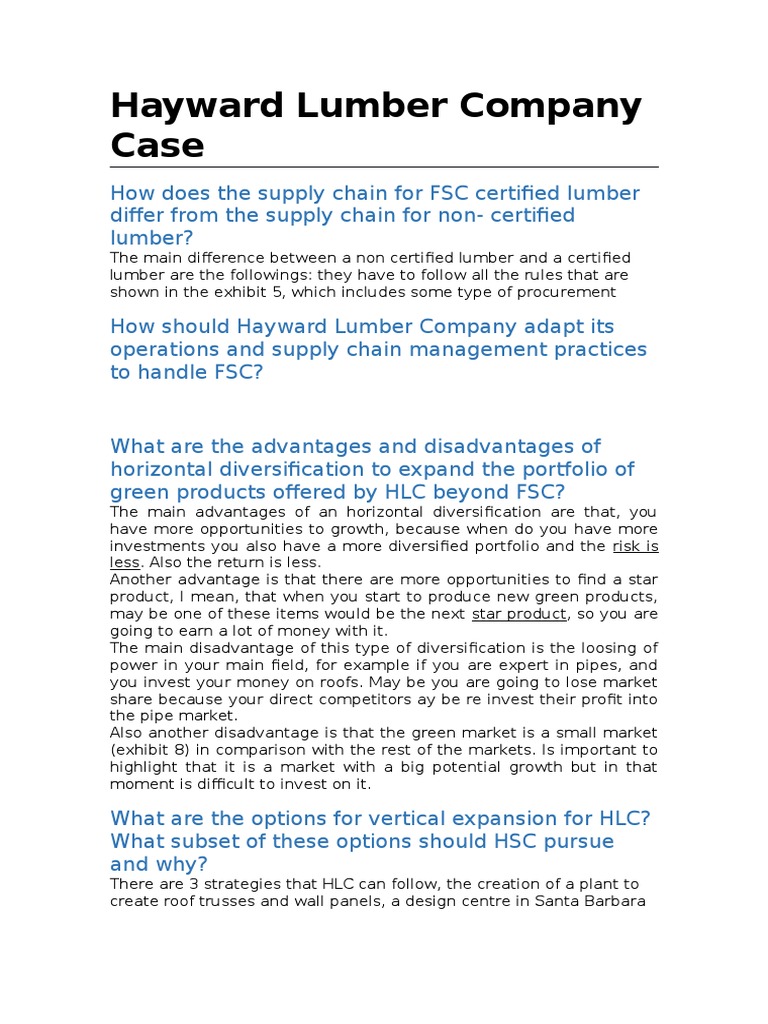 Hayward Lumber Company Case PDF Diversification (Finance) Marketing