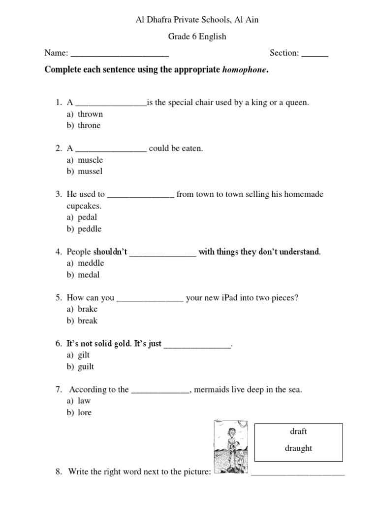 homophones sample worksheet with answer key