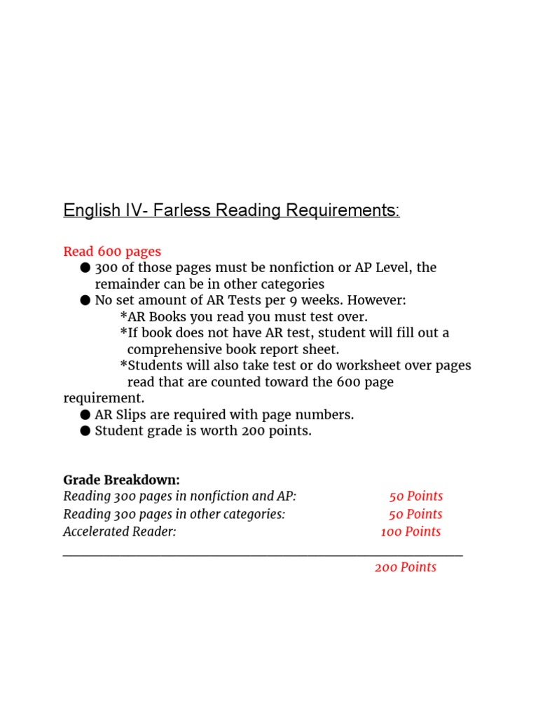 AR Books Worth 100 Points Requirement PDF