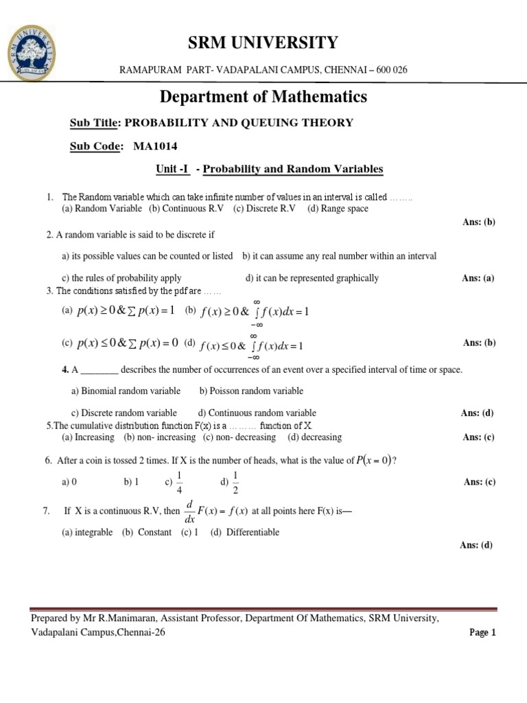 Probability & Queuing Theory Quiz | PDF | Covariance | Probability ...