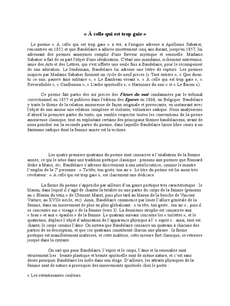 A Celle Qui Est Trop Gaie Analyse Linéaire À Celle Qui Est Trop Gaie | PDF | Les Fleurs du mal | Charles Baudelaire