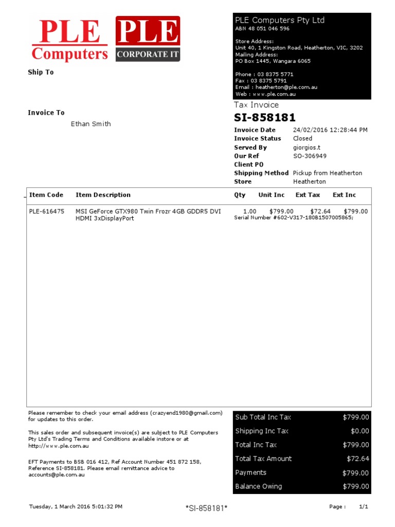 PLE Computers Invoice SI-858181 | PDF