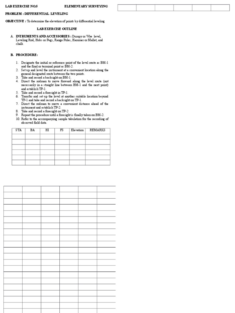 Differential Leveling Lab Exercise | PDF