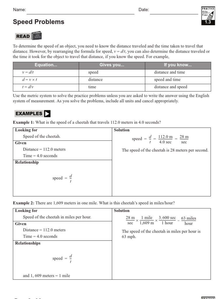 Speed, Distance and Time  Worksheet  PDF  Speed  Distance Intended For Speed Practice Problems  Worksheet