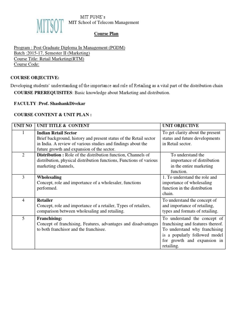 Rtm Course Content Pdf Franchising Retail