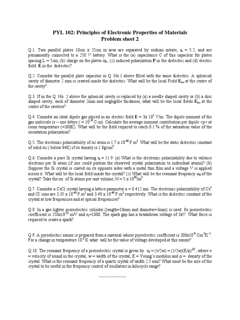 Pyl 102 Problem Sheet 2 Dielectric Piezoelectricity