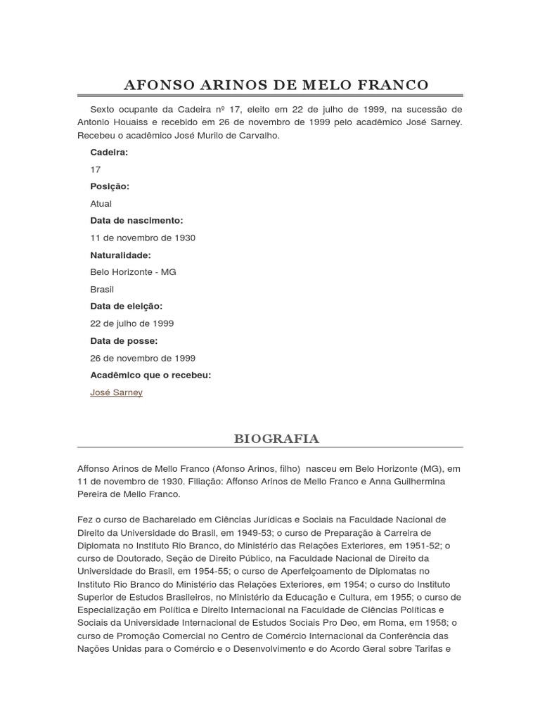Afonso Arinos de Melo Franco Missão Diplomática Rio de Janeiro