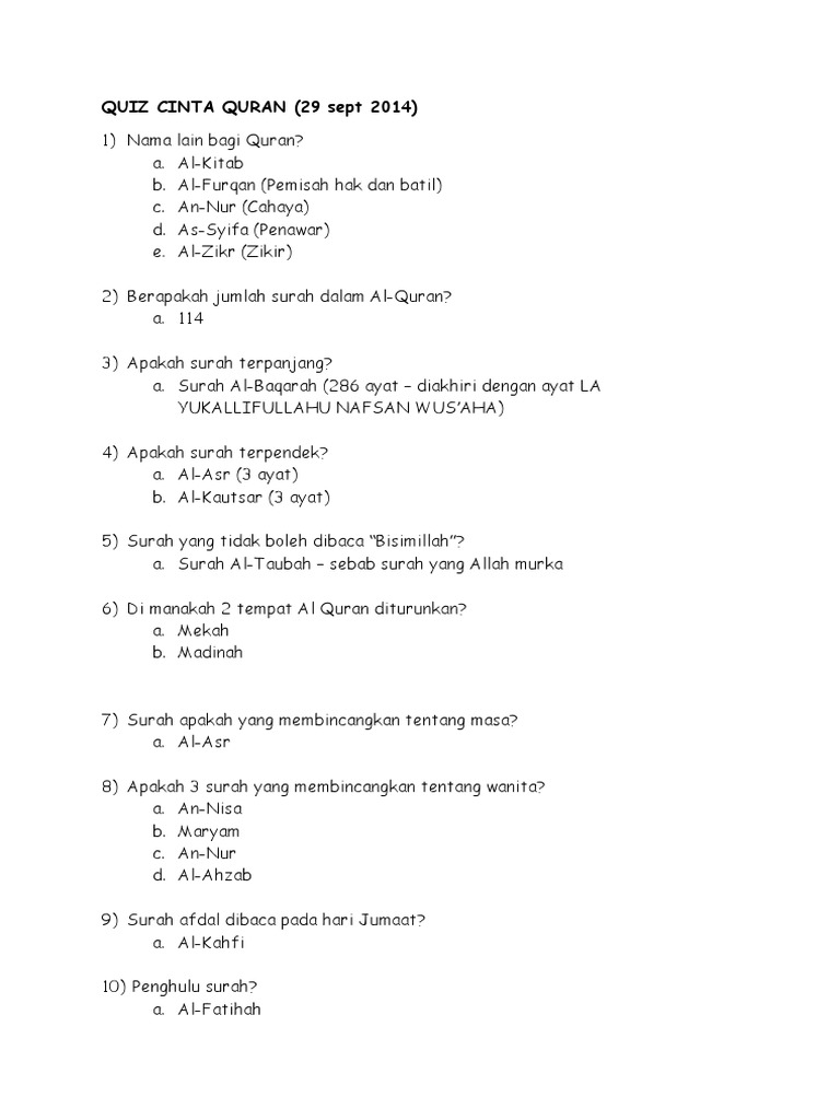Quiz Cinta Quran Pdf