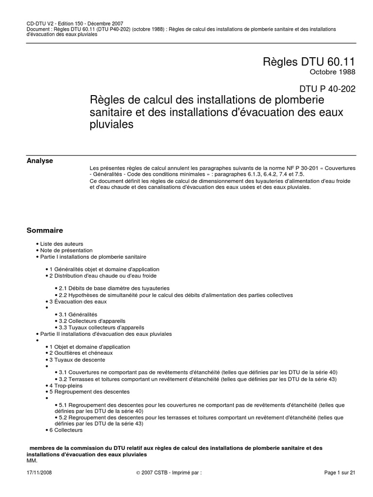 DTU 60.11 Règles de Calcul Des Installations de Plomberie Sanitaire ...