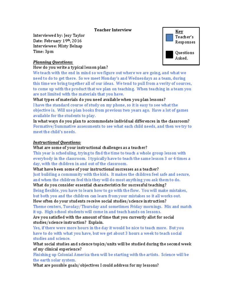 Teacher Interview Pdf Classroom Teachers