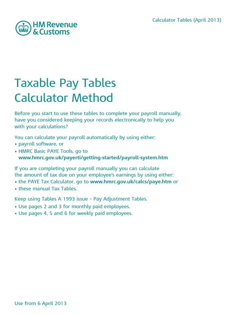 Taxable Pay Tables Calculator Method WWW Hmrc.gov Uk/payerti