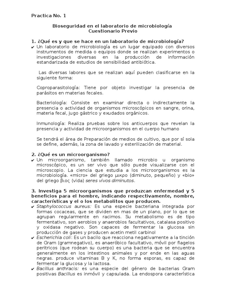 Previo Bioseguridad en El Laboratorio de Microbiología | PDF | Bacilo ...