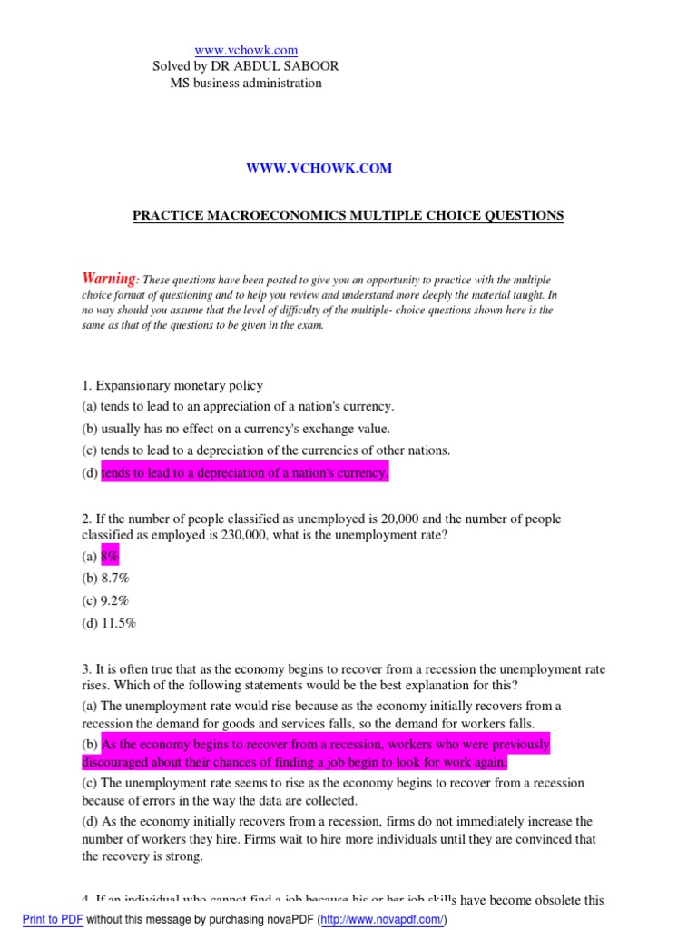 Practice Macro Economics Multiple Choice Questions Pdf Money Supply