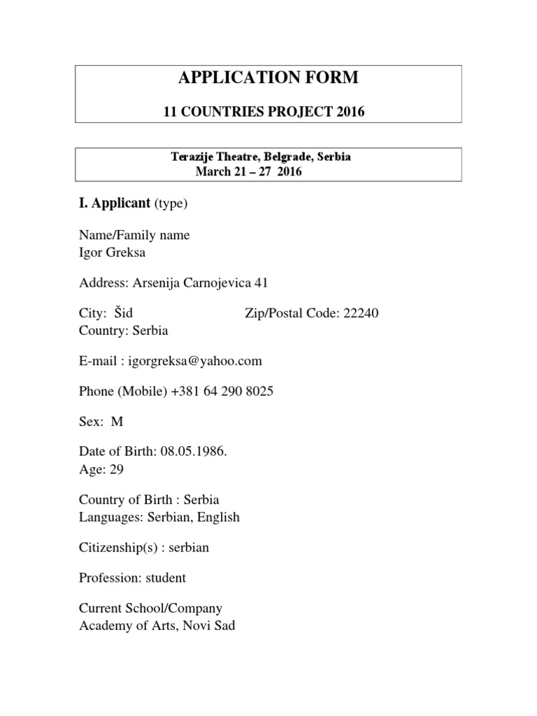 11 Countries Project Application Form | PDF | Language Arts & Discipline