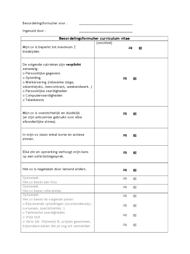 Beoordelingsformulier Voor Cv Pdf