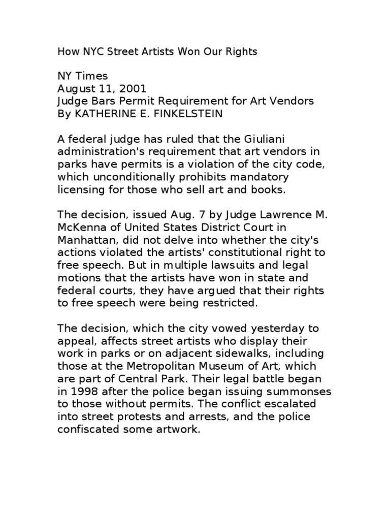 NYC Street Artists' Legal Victory | PDF | First Amendment To The United ...