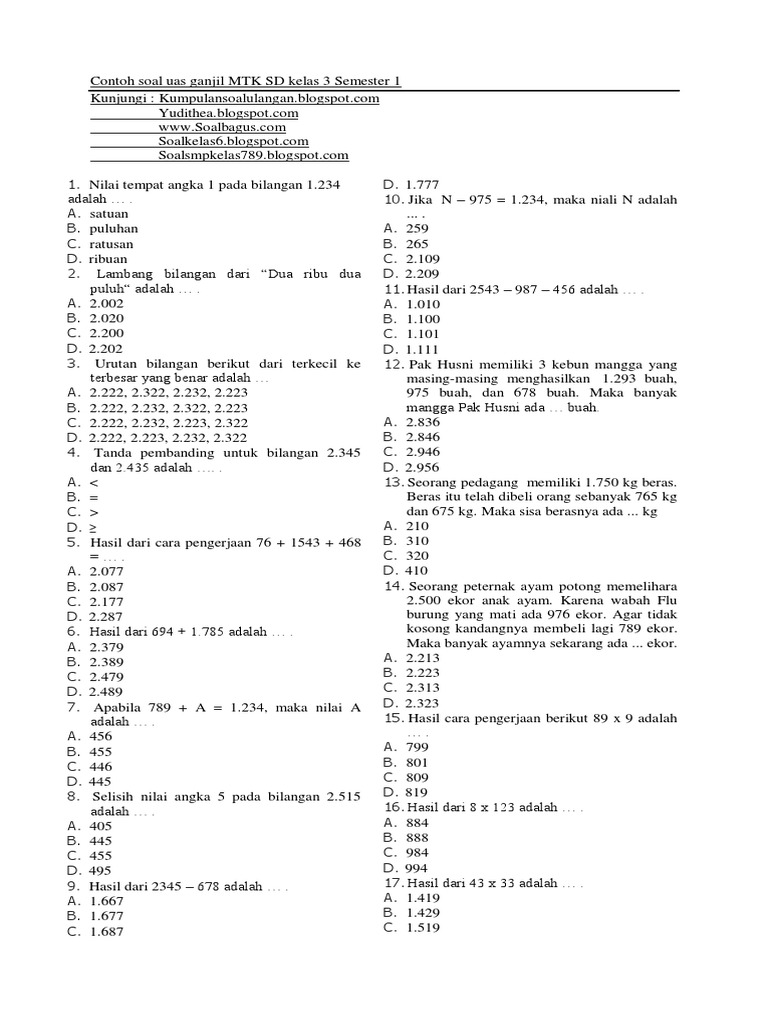 Contoh Soal Ujian Semester 1 Kelas 1 Sd
