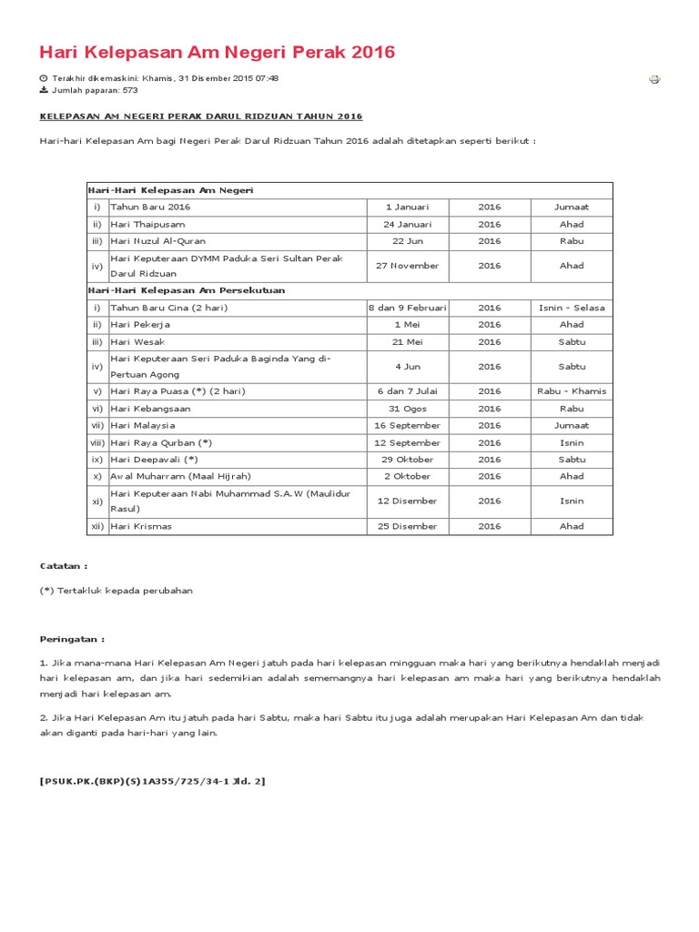 Portal Rasmi Kerajaan Negeri Perak - Hari Kelepasan Am 