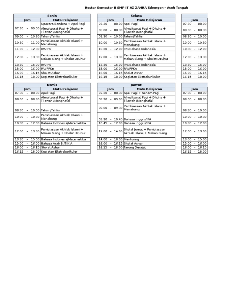 Roster Semester II SMP IT | PDF