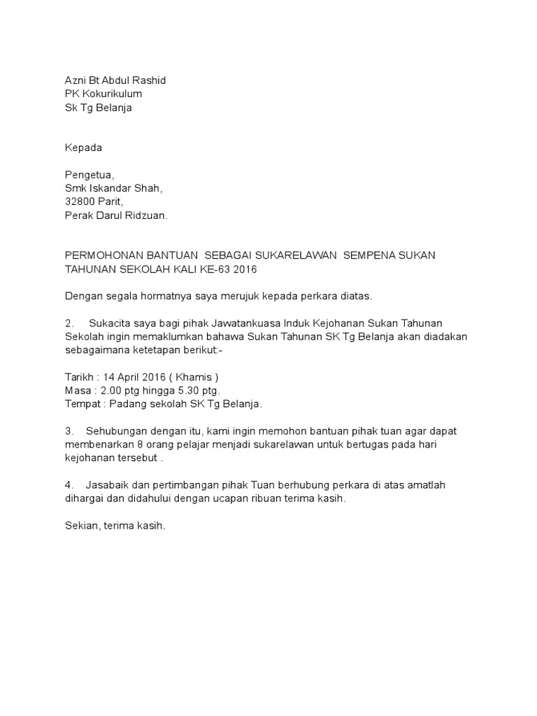 contoh surat permohonan bekalan air