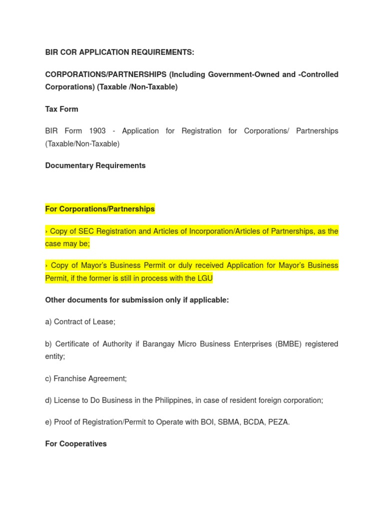 Requirements For Cor Bir