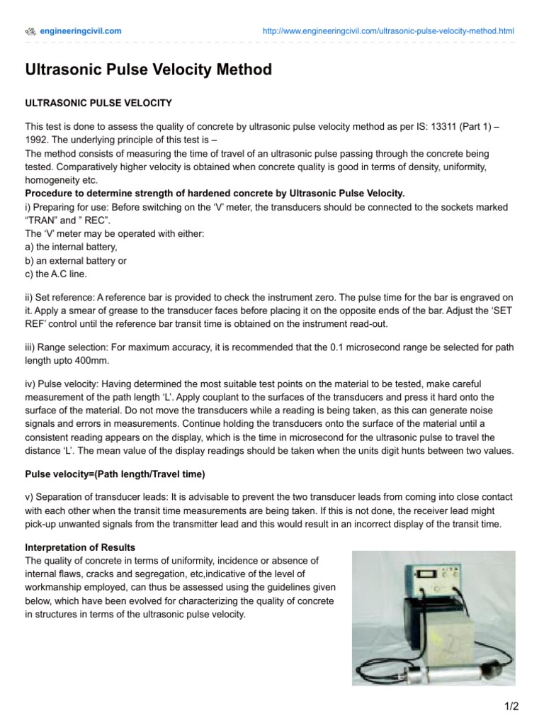 Ultrasonic Pulse Velocity Method PDF Ultrasound Time